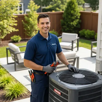 a hvac technician in a blue shirt standing next to a HVAC unit in a backyard for an ac repair chesterfield mo service