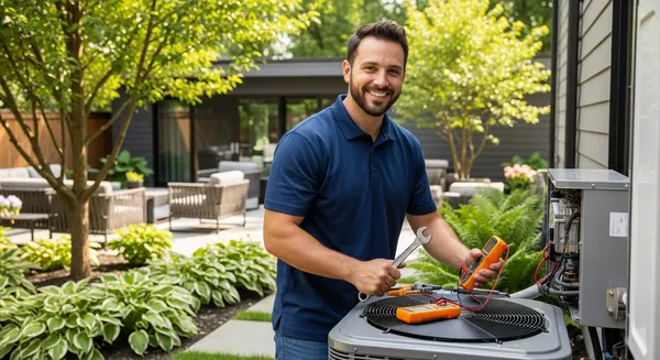 a hvac technician in a blue shirt standing next to a HVAC unit in a backyard for an ac repair chesterfield mo service