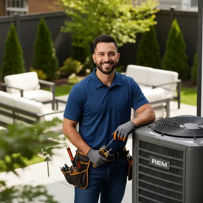 a hvac technician in a blue shirt standing next to a HVAC unit in a backyard for an ac repair hazelwood mo service