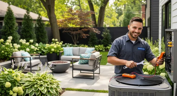 a hvac technician in a grey shirt standing next to a HVAC unit in a backyard for an ac repair hazelwood mo service