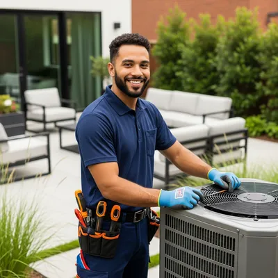a hvac technician in a blue shirt standing next to a HVAC unit in a backyard to repair a hvac in lake st louis mo