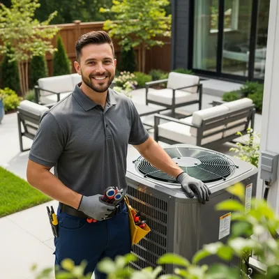 a hvac technician in a grey shirt standing next to a HVAC unit in a backyard to repair a hvac in saint peters mo
