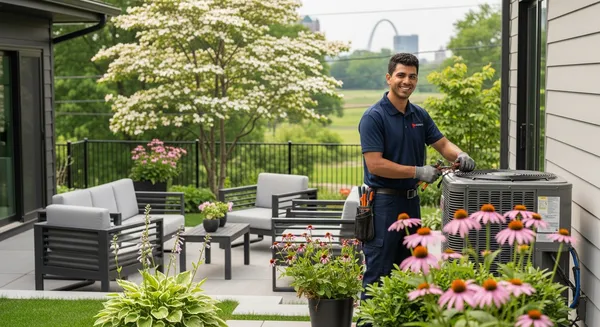 a hvac technician in a blue shirt standing next to a HVAC unit in a backyard to repair a hvac in saint peters mo