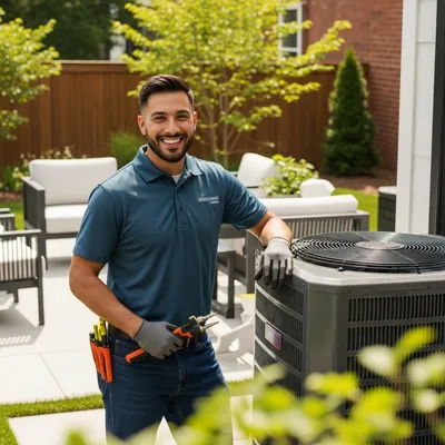 a hvac technician in a blue shirt standing next to a HVAC unit in a backyard for an air conditioning repair in Ballwin MO