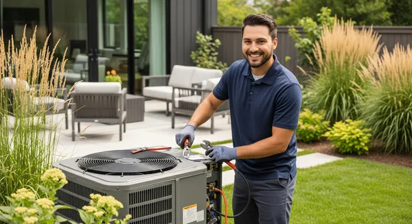 a hvac technician in a blue shirt standing next to a HVAC unit in a backyard for an HVAC repair service in Ballwin MO