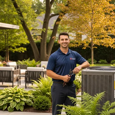 a hvac technician in a blue shirt standing next to a HVAC unit in a backyard to repair a hvac in arnold mo