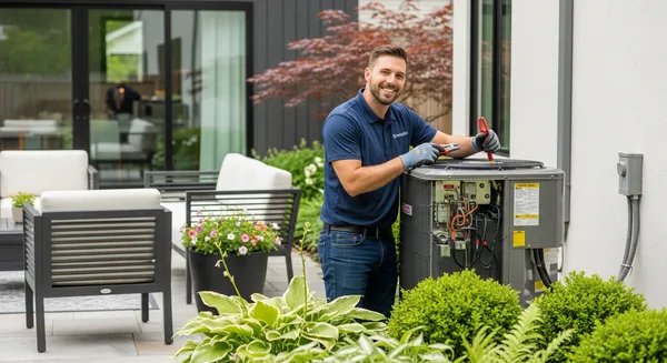 a hvac technician in a blue shirt standing next to a HVAC unit in a backyard to repair a hvac in arnold mo