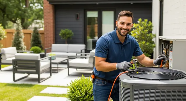 a hvac technician in a blue shirt standing next to a HVAC unit in a backyard for a florissant mo hvac service