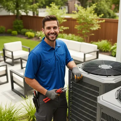 a hvac technician in a blue shirt standing next to a HVAC unit in a backyard to repair a hvac in saint charles mo