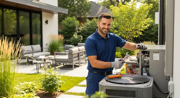 a hvac technician in a blue shirt standing next to a HVAC unit in a backyard to repair a hvac in saint charles mo