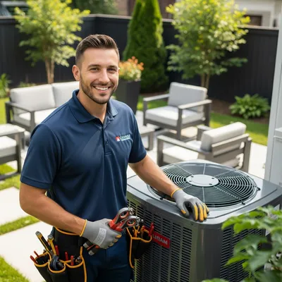 a hvac technician in a blue shirt standing next to a HVAC unit in a backyard to repair a hvac in saint louis mo