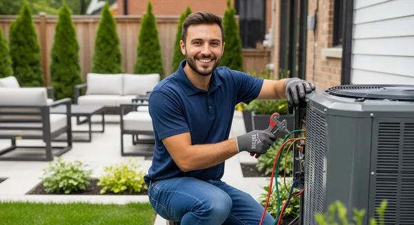 a hvac technician in a blue shirt kneeling next to a HVAC unit in a backyard to repair a hvac in saint louis mo