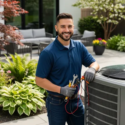 a hvac technician in a blue shirt standing next to a HVAC unit in a backyard to repair a hvac in wentzville mo