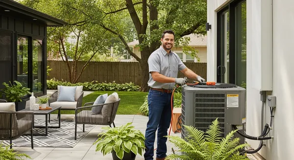 a hvac technician in a grey shirt standing next to a HVAC unit in a backyard to repair a hvac in wentzville mo