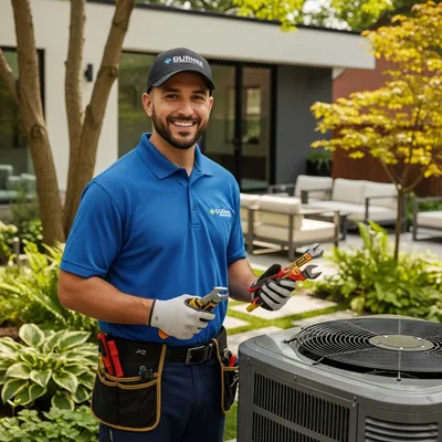 a hvac technician in a blue shirt standing next to a HVAC unit in a backyard to repair a hvac in o fallon mo