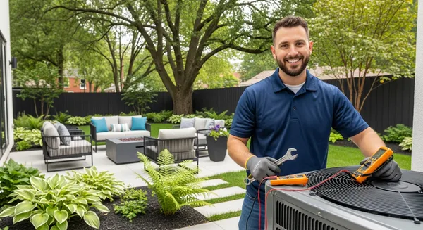 a hvac technician in a blue shirt standing next to a HVAC unit in a backyard to repair a hvac in o fallon mo